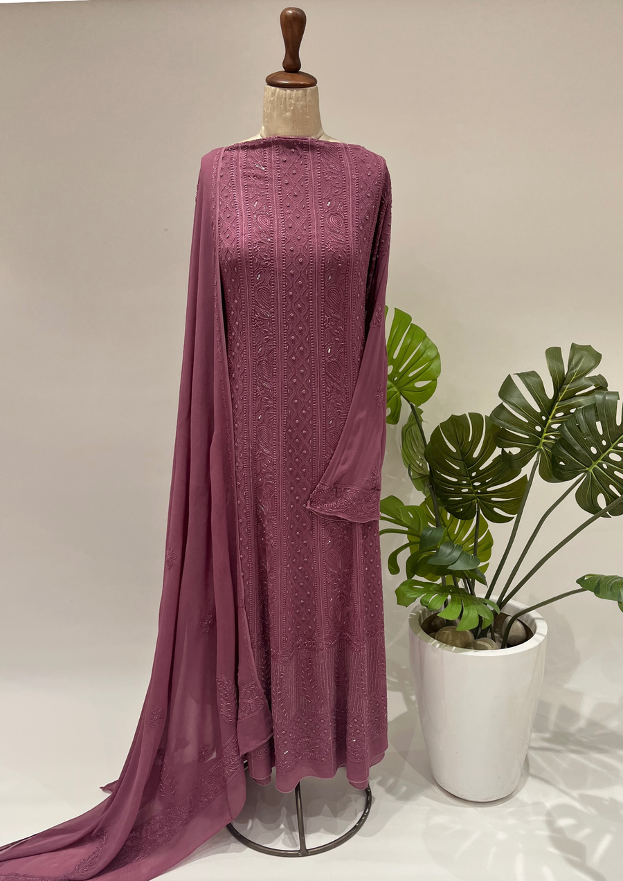 Viscose Chikankari Semistitched Anarkali- Plum