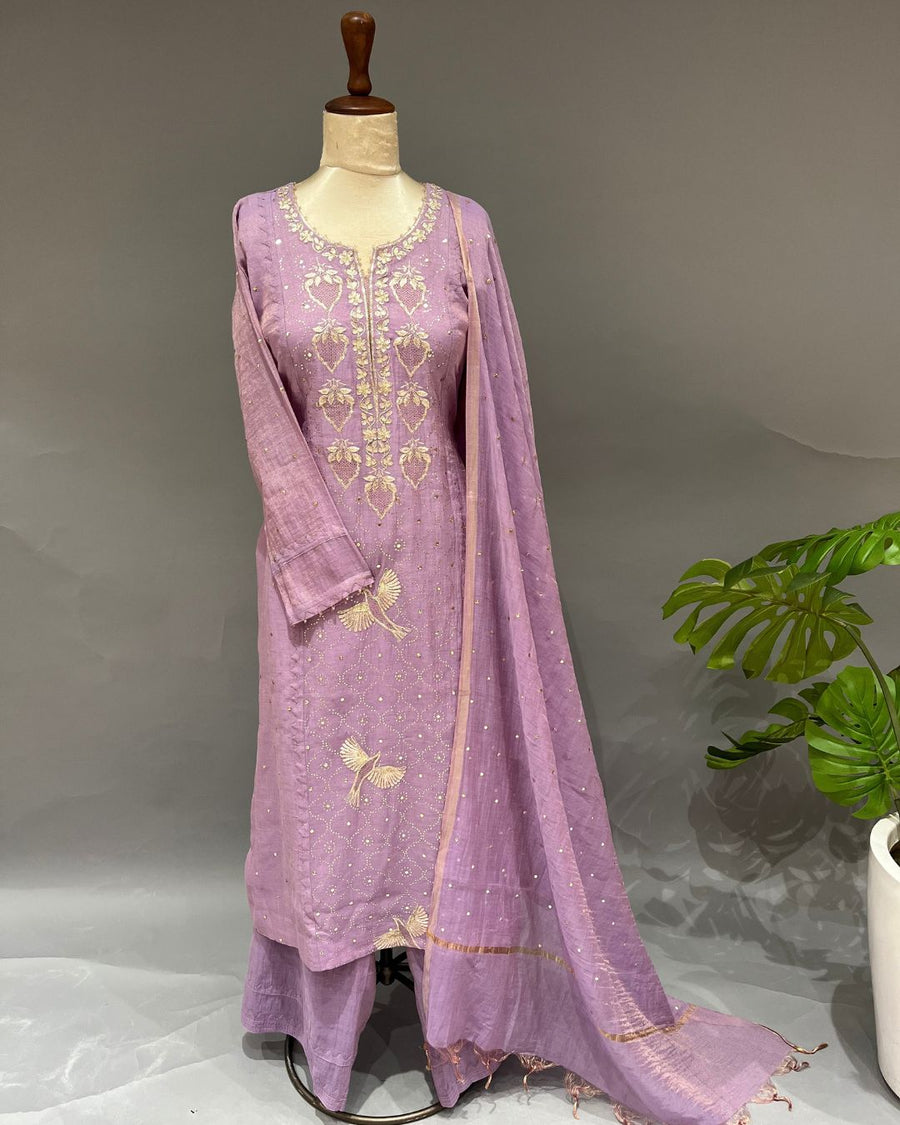 Tissue Chikankari 3pc Stitched Suit - Mauve