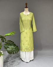 Chanderi Chikankari Long Kurti - Parrot Green
