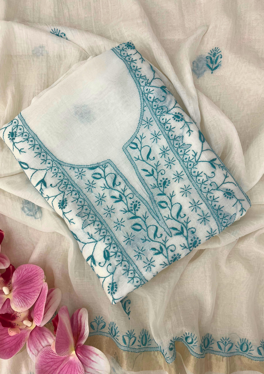 Chikankari Mul Chanderi Unstitched 2pc Suit - White and Blue
