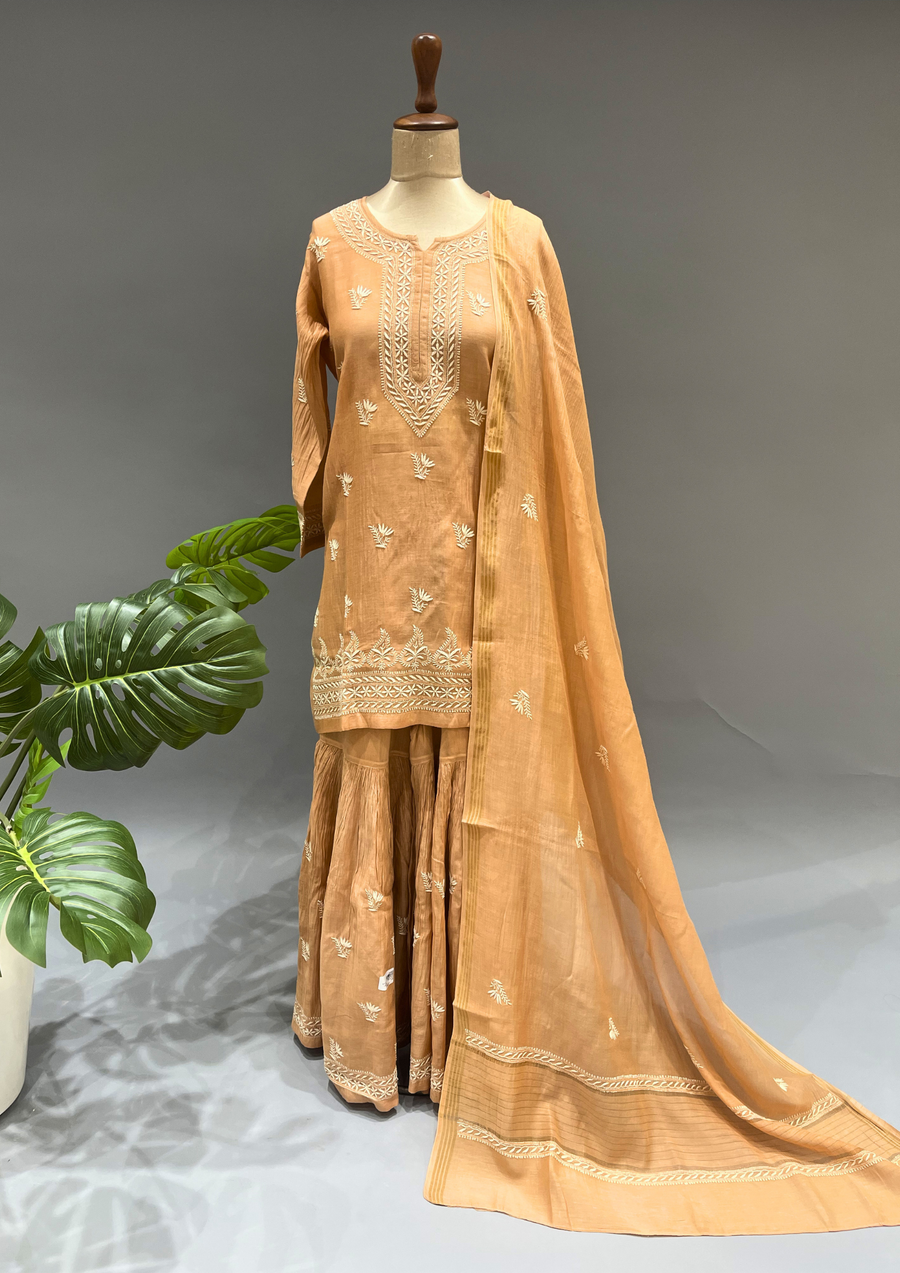 Chikankari Mul Chanderi Sharara Set - Caramel Beige