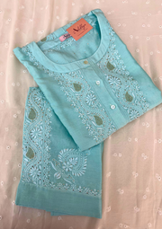 Chikankari Semistitched Chanderi Co-ord Set - Aqua Blue