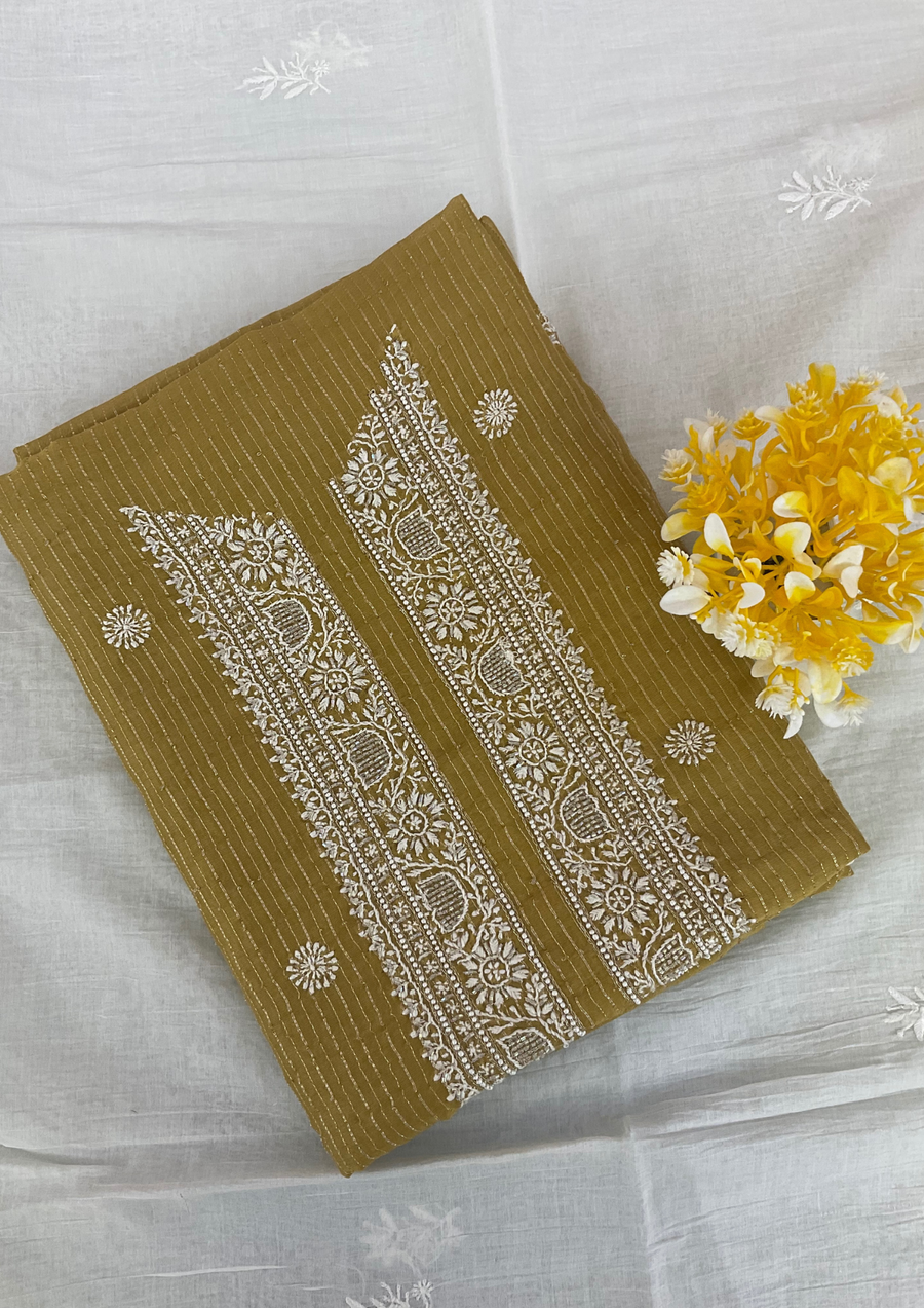 Chanderi Chikankari Unstitched Mens Kurta - Mustard Yellow