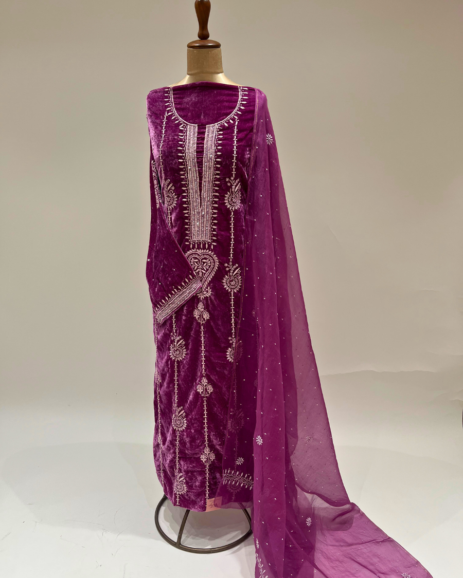 Velvet Chikankari Unstitched 2pc Suit Set - Light Plum