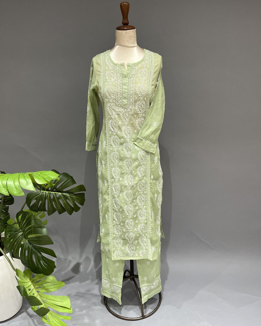 Chanderi Chikankari Co-ord Set - Pistachio Green