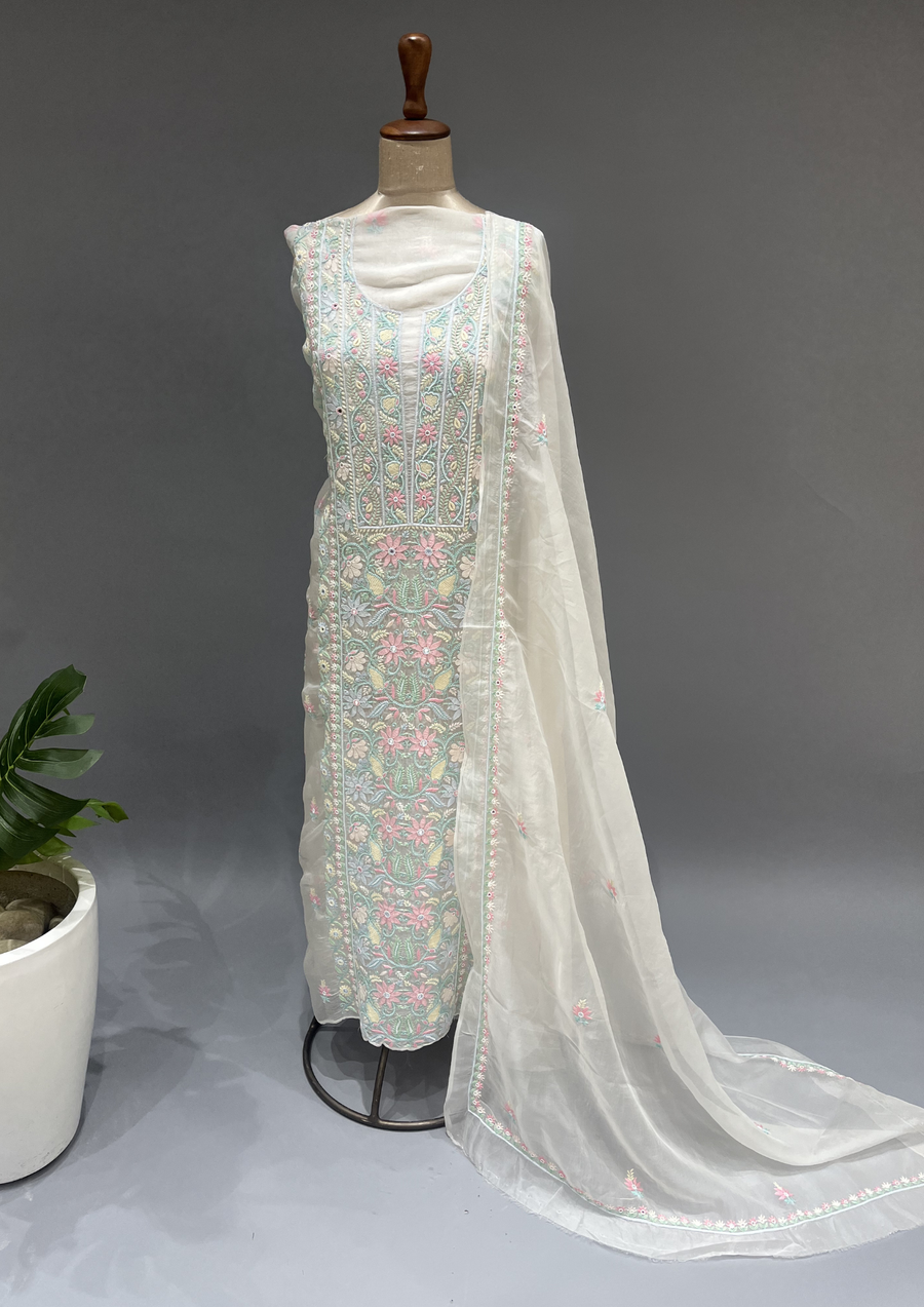 Organza Chikankari Unstitched Suit Set - Ivory