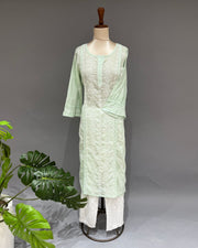 Mul Cotton Chikankari Long Kurti - Mint Green