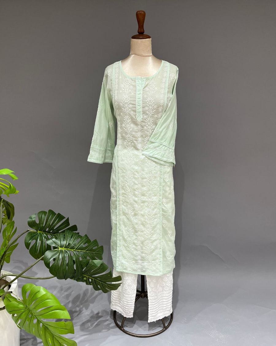 Mul Cotton Chikankari Long Kurti - Mint Green