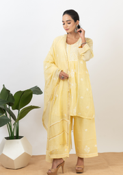 Mul Chanderi chikankari suit set - lemon yellow