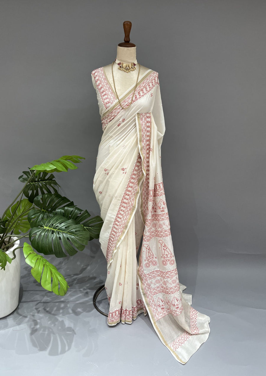 Chanderi Chikankari Saree - Ivory