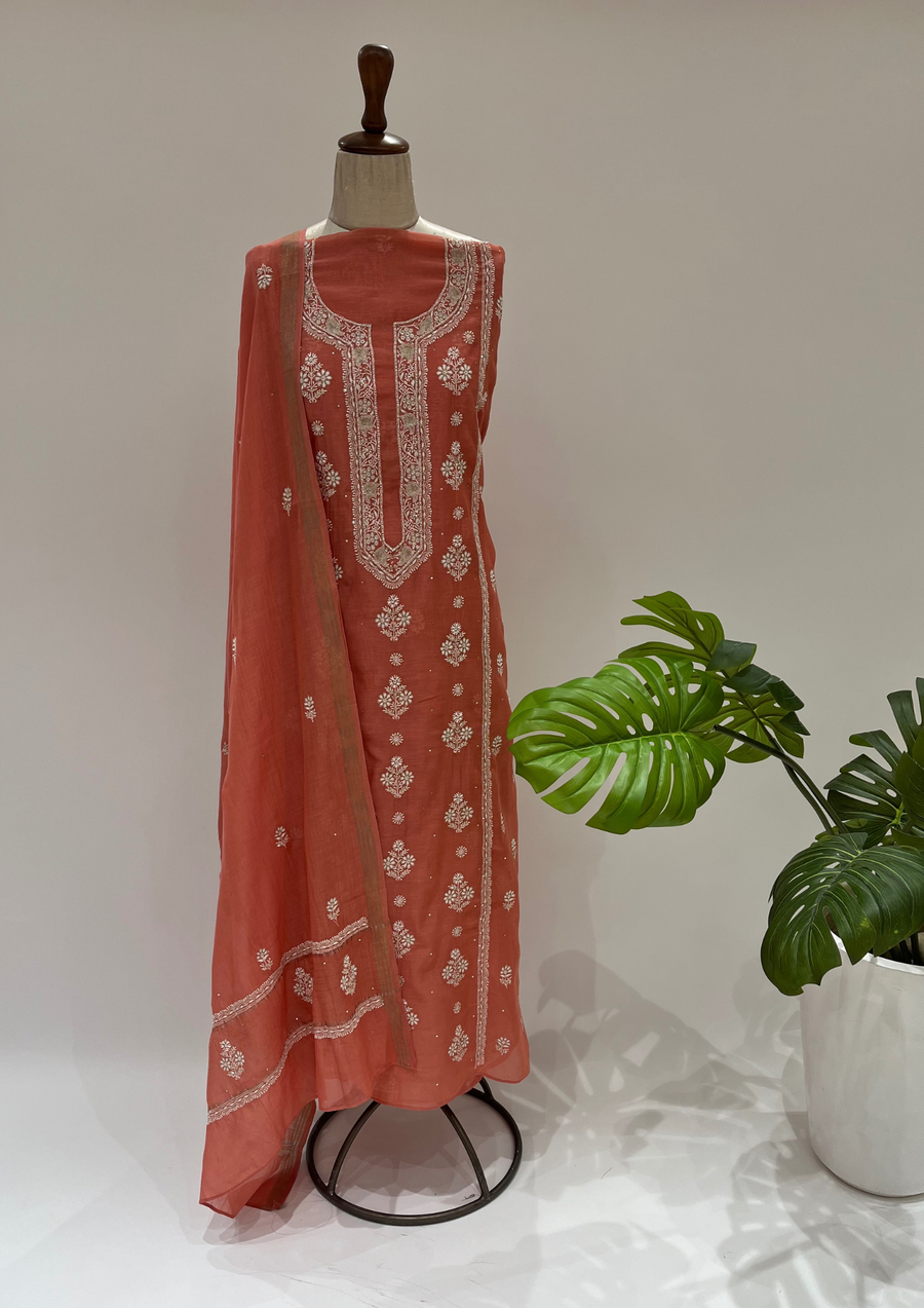 Mul Chanderi Chikankari Unstitched Suit- Coral Pink