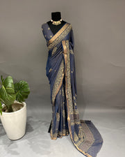 Tissue Chikankari Saree - Midnight Blue