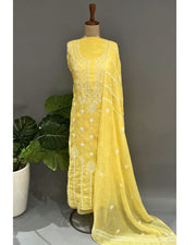 Mul Chanderi Chikankari Unstich 2pc suit - Butter Yellow