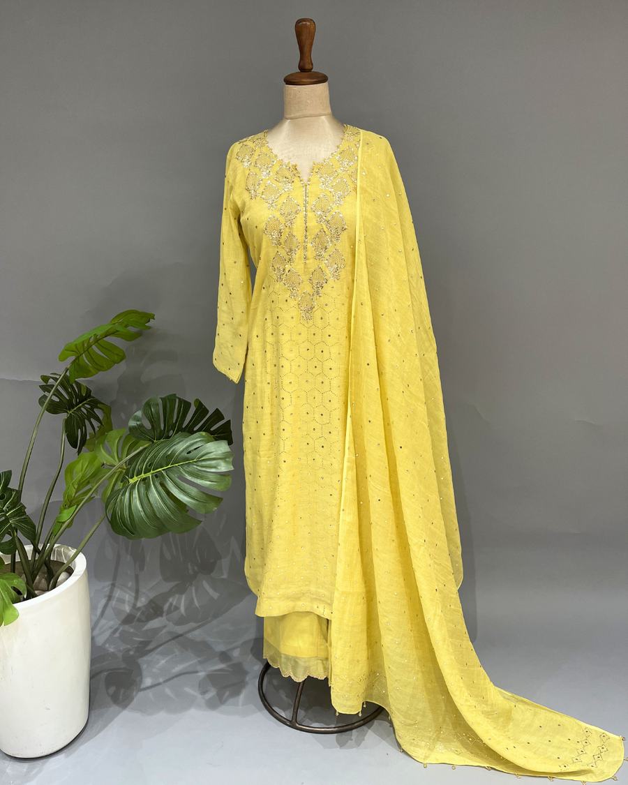 Tissue Chikankari Muqaish Suit Set - Sunflower Yellow
