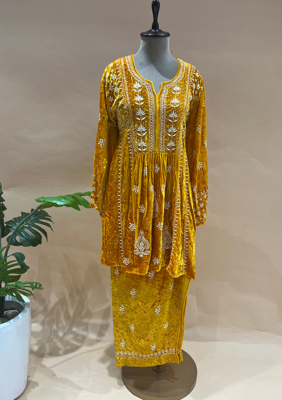 Velvet Chikankari Semistitched Palazzo Set - Sunshine Yellow