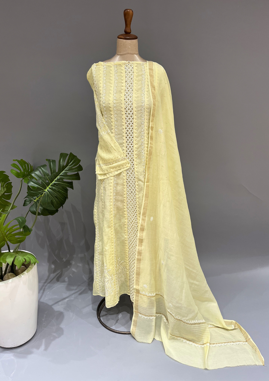 Chikankari Mul Chanderi Anarkali set - Daffodil Yellow