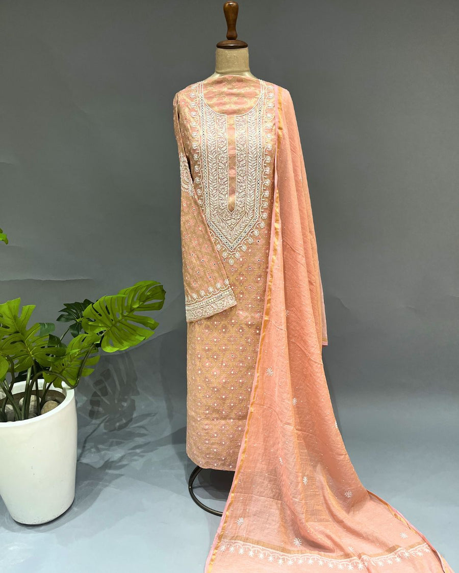 Banarsi Chanderi Chikankari Semistitch 2pc Suit - Rose Gold