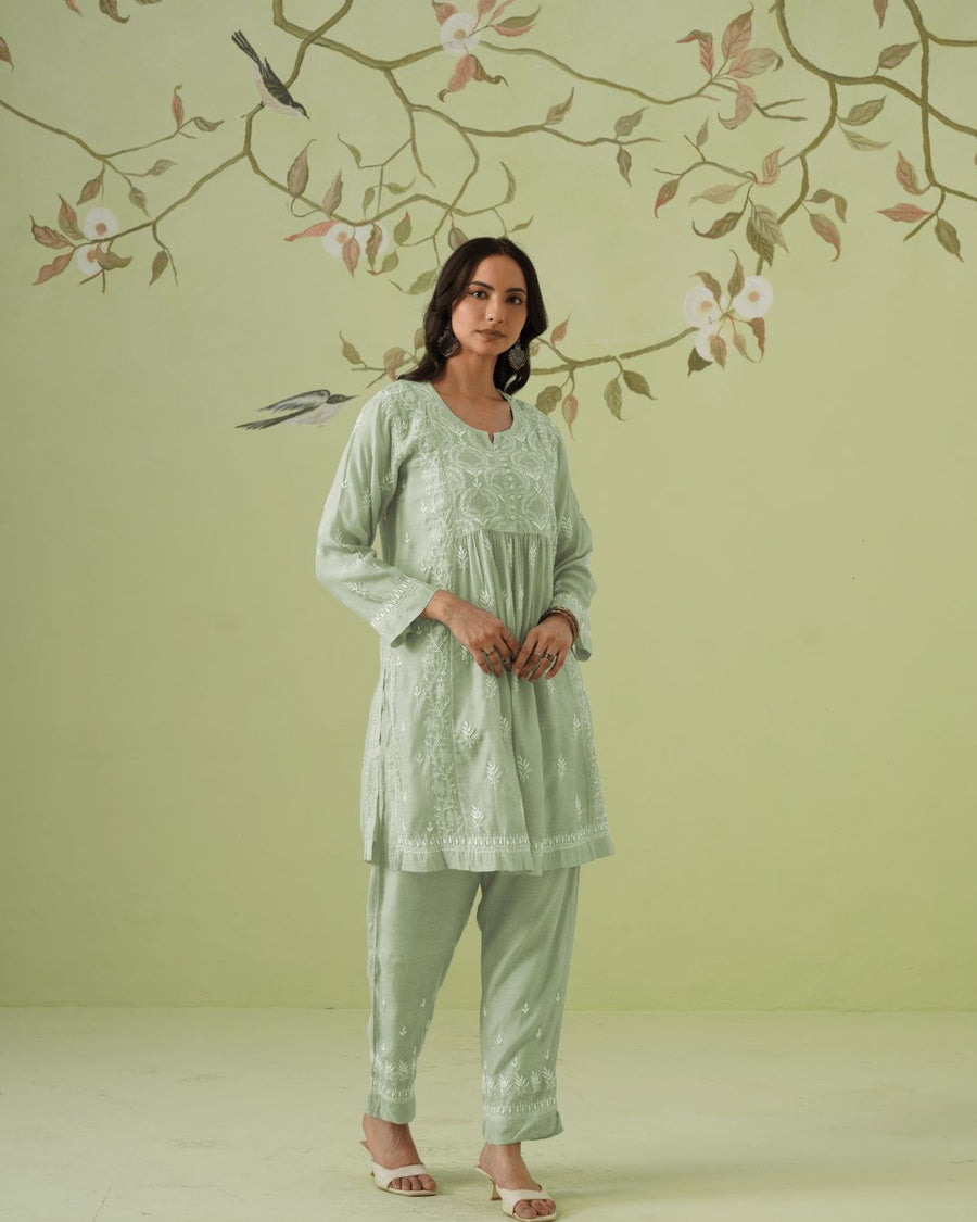 Muslin Chikankari Co-ord Set - Sage Green