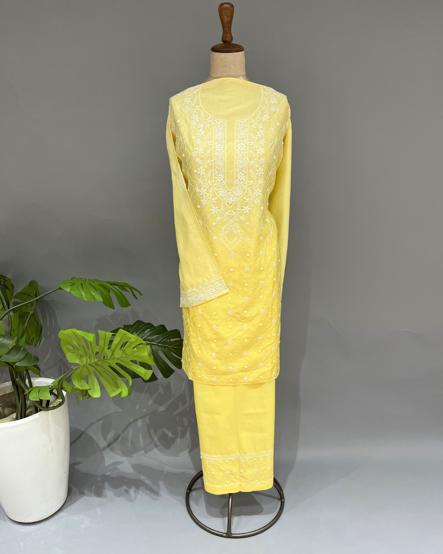 Chanderi Chikankari Co ord Set - Lemon Yellow