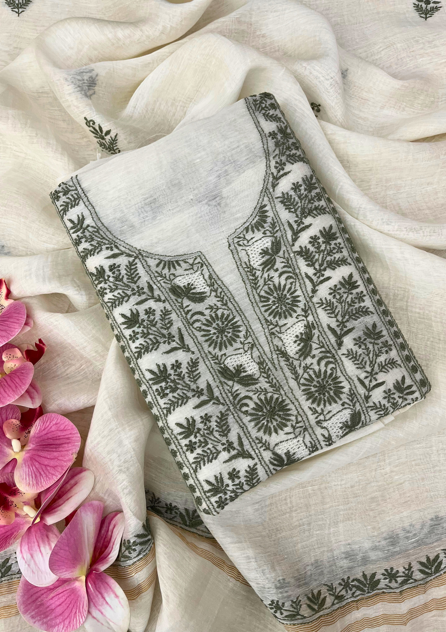 Chikankari Linen Unstitched Suit - White And Green