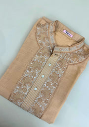Munga Silk Chikankari Stitched Mens Kurta - Peach