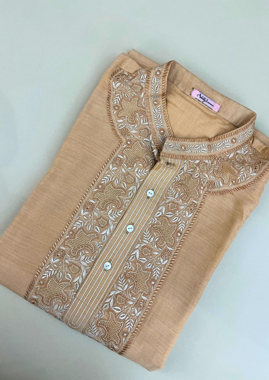 Munga Silk Chikankari Stitched Mens Kurta - Peach