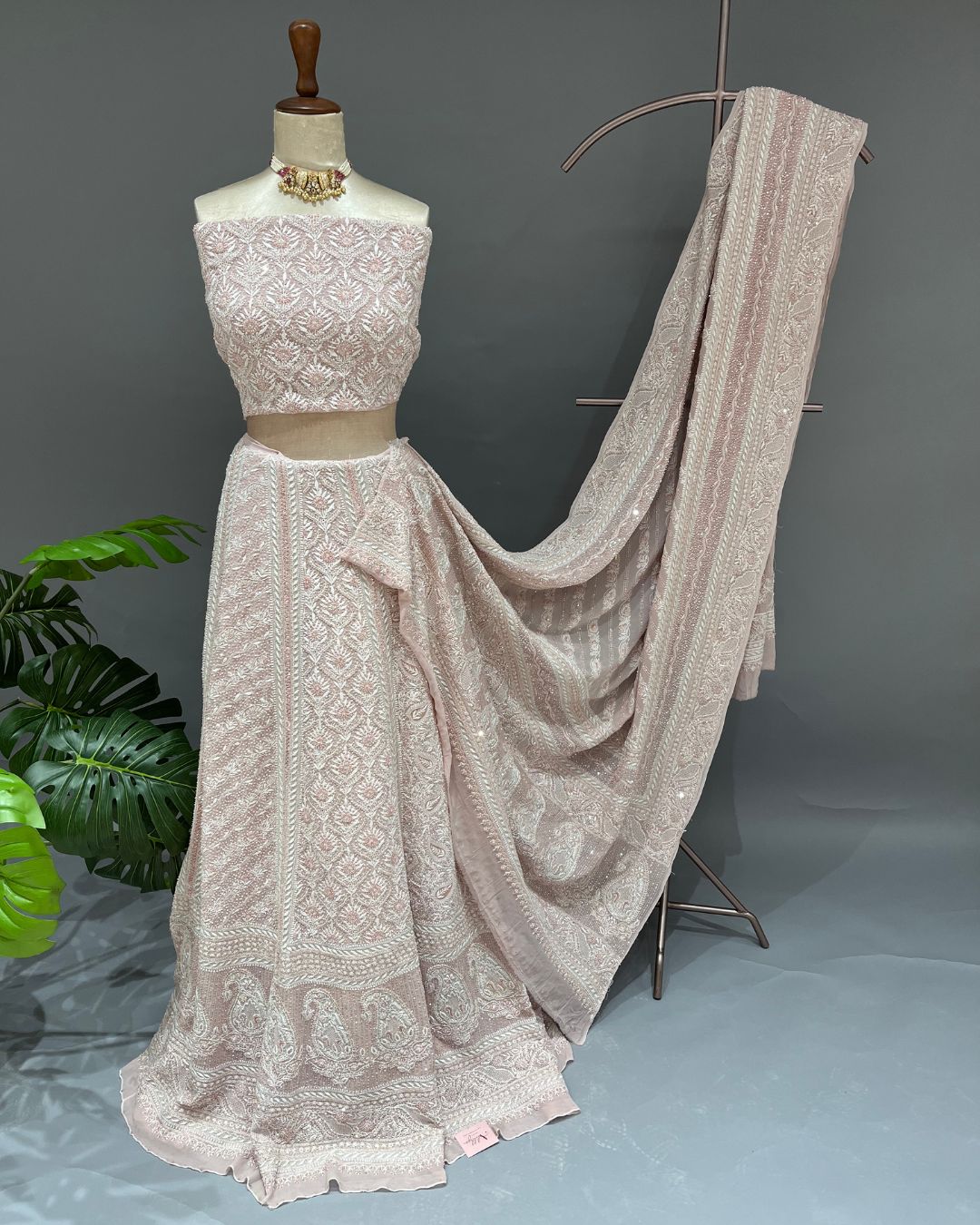 Pure Georgette Chikankari Unstitched Lehnga - Dusty Pink