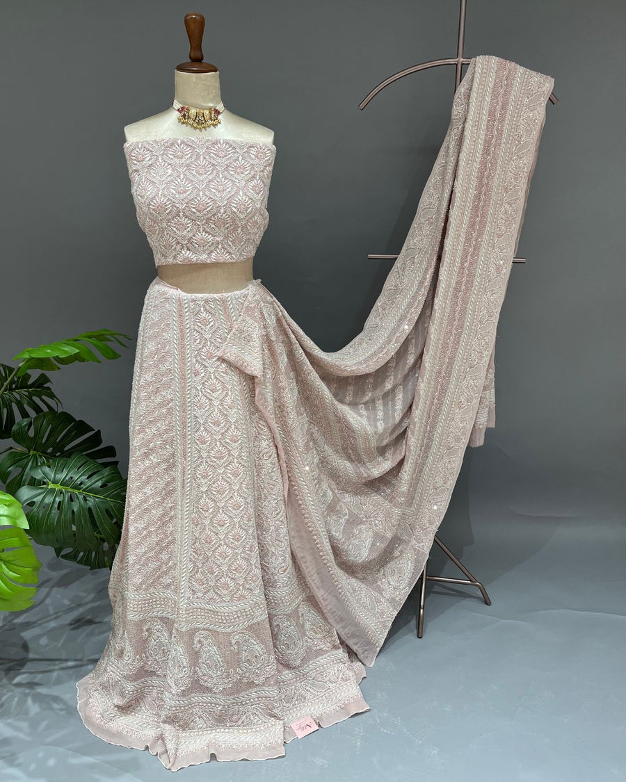 Pure Georgette Chikankari Unstitched Lehnga - Dusty Pink
