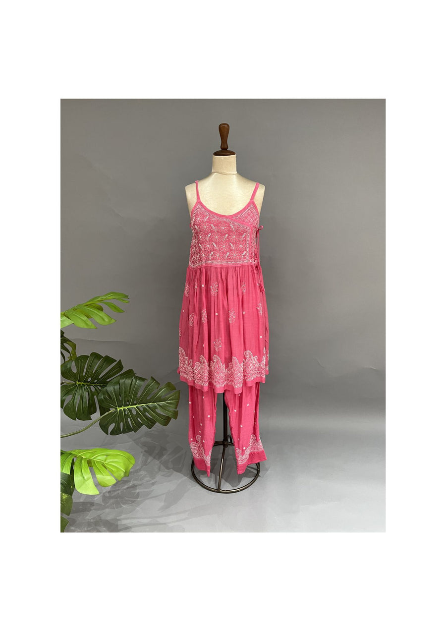 Muslin Chikankari Co-ord Set - Fuchsia Pink