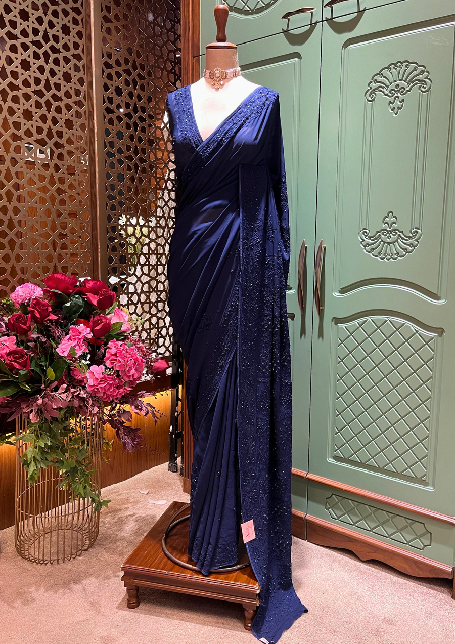Chikankari Viscose Saree - Midnight Blue