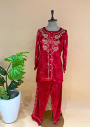 Velvet Chikankari Stitched Coord Set - Red