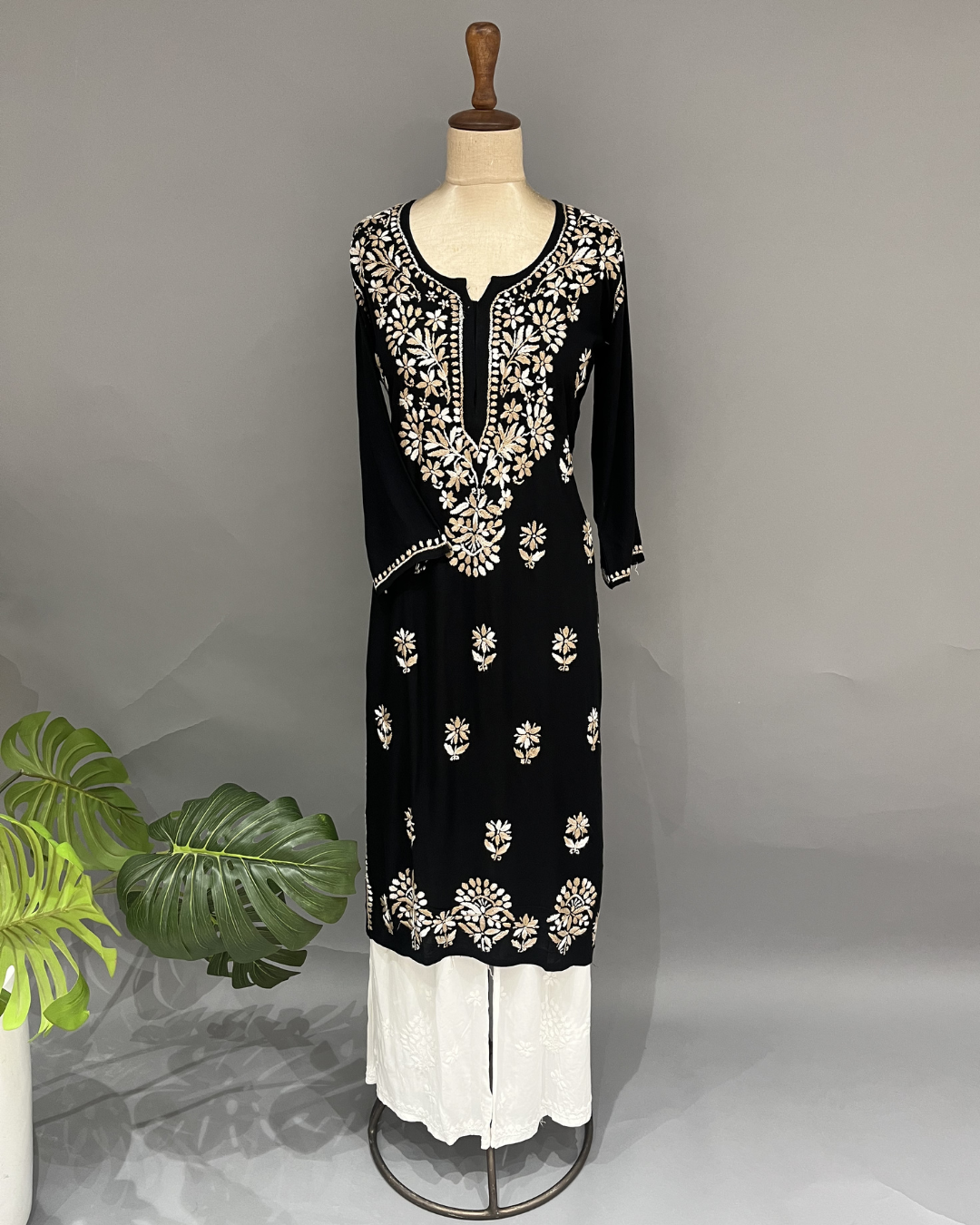 Rayon Chikankari Kurti - Black and Beige