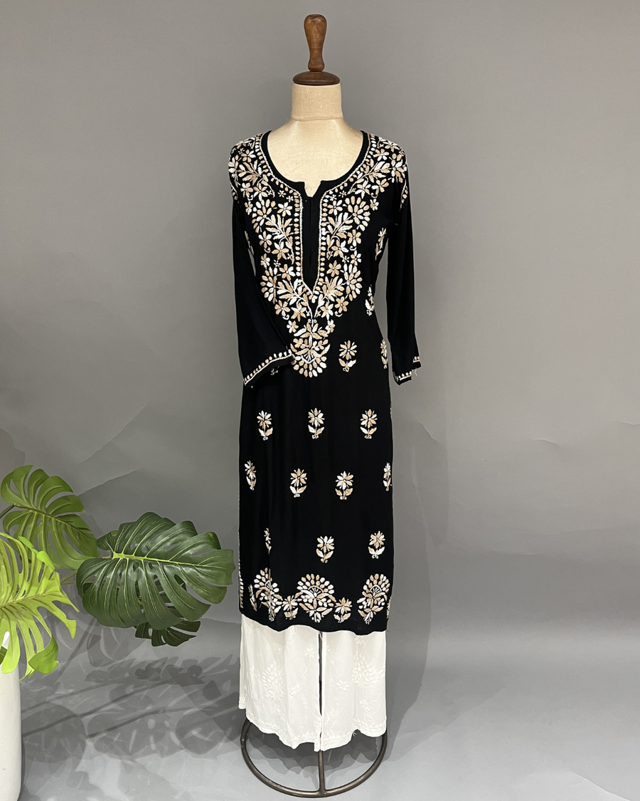 Rayon Chikankari Kurti - Black and Beige