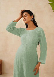 Crepe Georgette Long Kurti - Ombre Sea Green