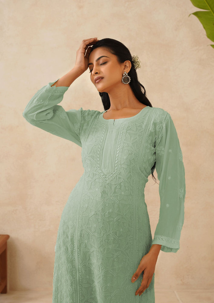 Crepe Georgette Long Kurti - Ombre Sea Green