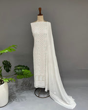 Viscose Chikankari Unstitched Suit Set - White