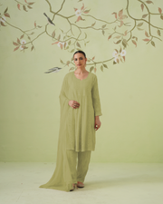 Chikankari Viscose Short Kurta Suit Set - Ombre Sage Green