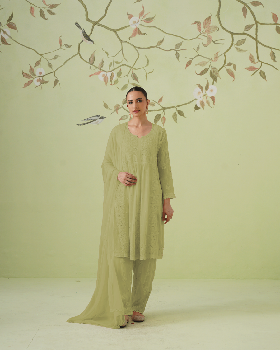 Chikankari Viscose Short Kurta Suit Set - Ombre Sage Green