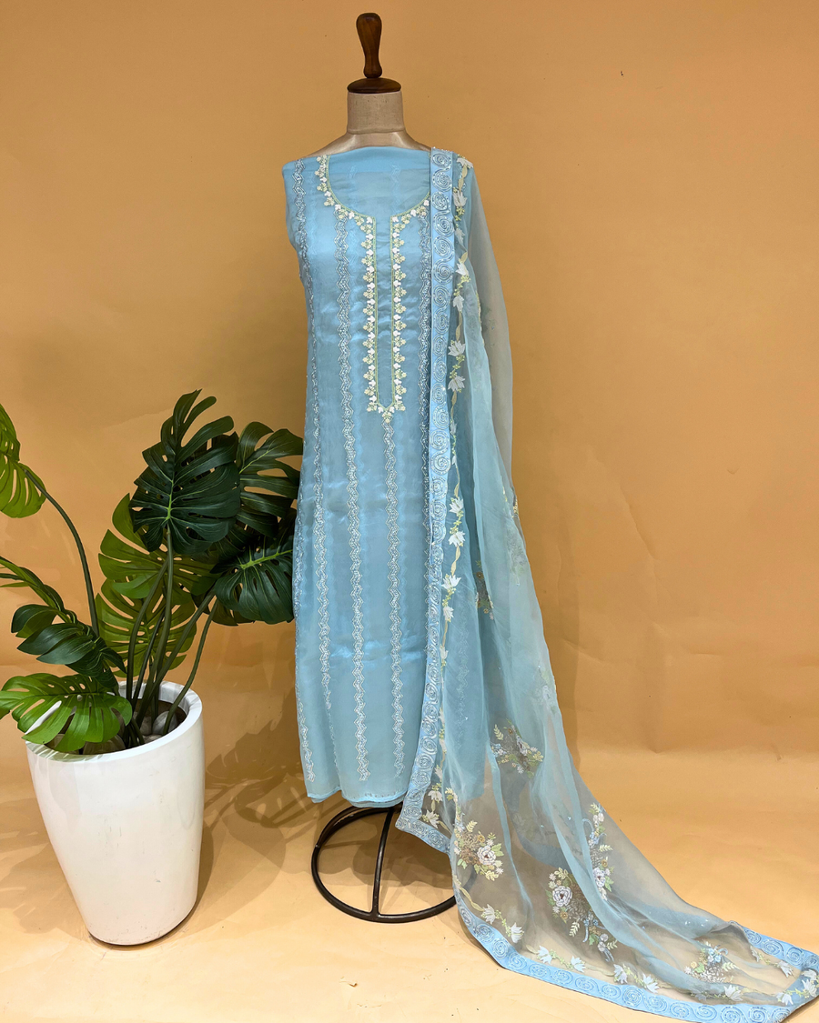 Organza Chikankari Unstitsched Kurta And Dupatta Set- Polar Wind
