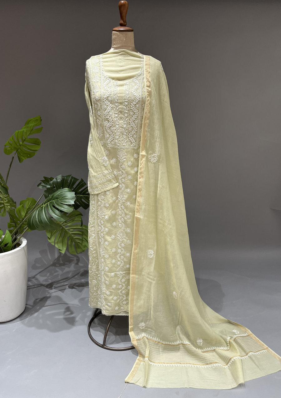 Chikankari Mul Unstitched Kurta And Dupatta Set  - Sage Green