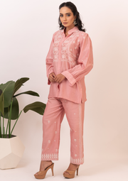 Chanderi chikankari coord set - salmon pink