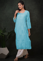 Mul Chikankari Long Kurti - Aqua Blue
