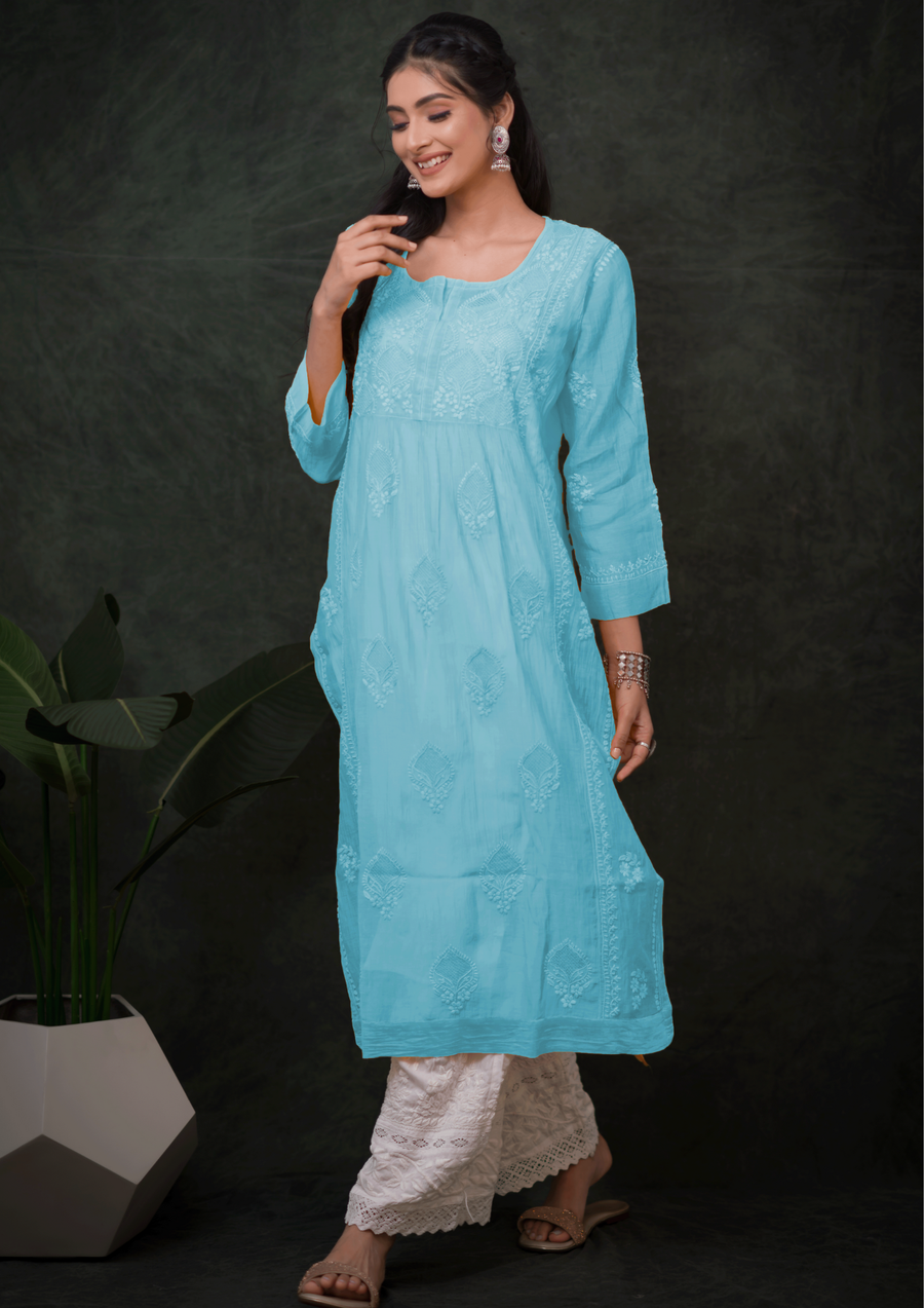 Mul Chikankari Long Kurti - Aqua Blue