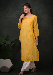 Mul Chikankari Long Kurti - Sunshine Yellow