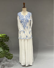 Cotton Chikankari Short Kurti - White & Blue