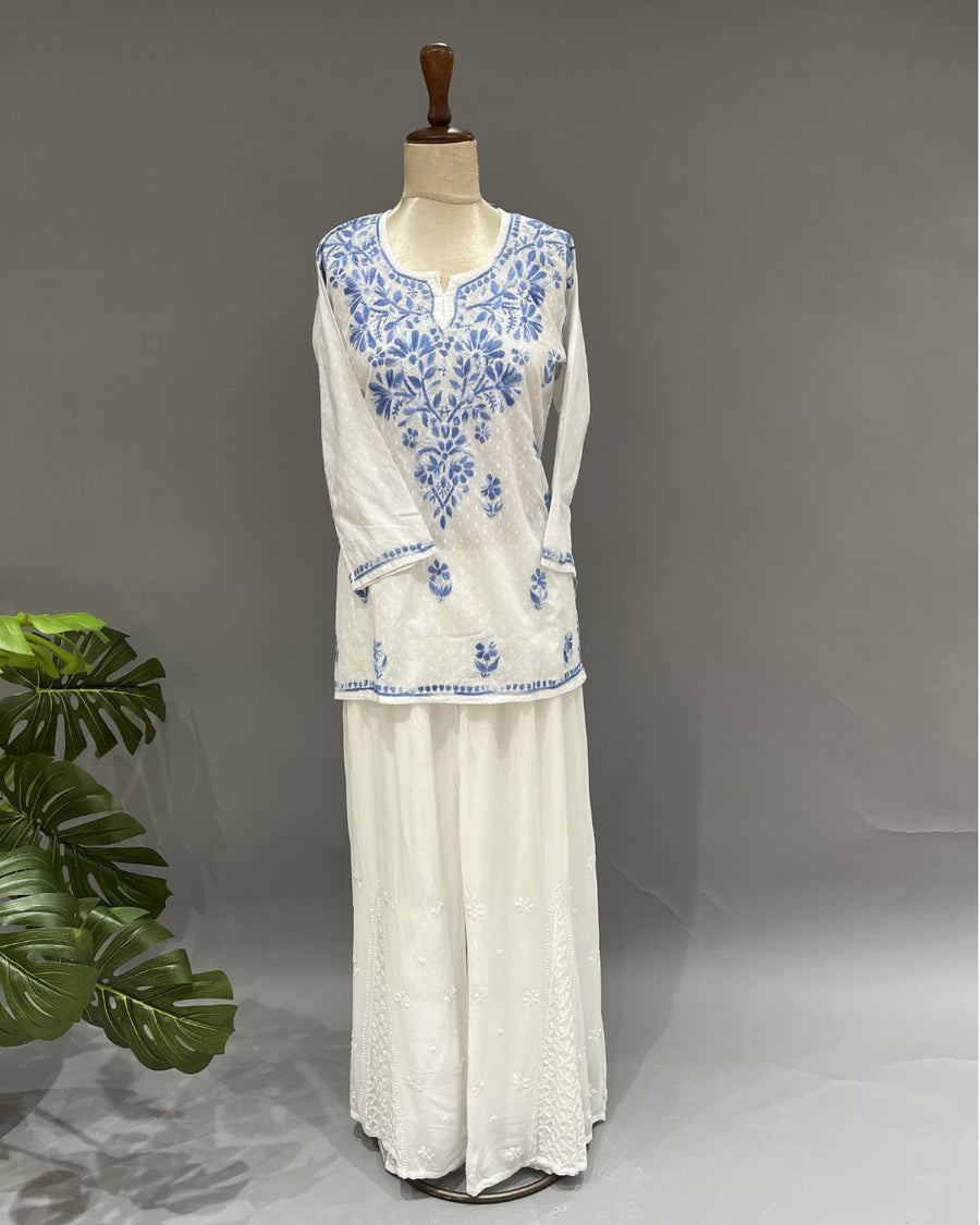 Cotton Chikankari Short Kurti - White & Blue