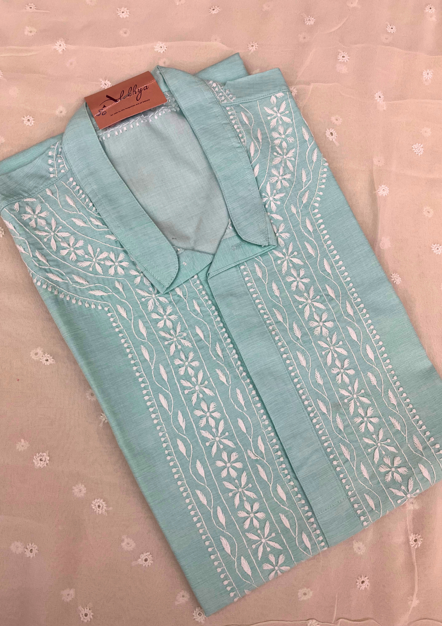 Cotton Chikankari Stitched Mens Kurta - Powder Blue
