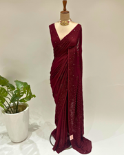 Chikankari Viscose Saree- Merlot Maroon