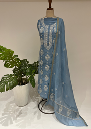 Mul Chanderi Chikankari unstitched Suit - Periwrinkle Blue