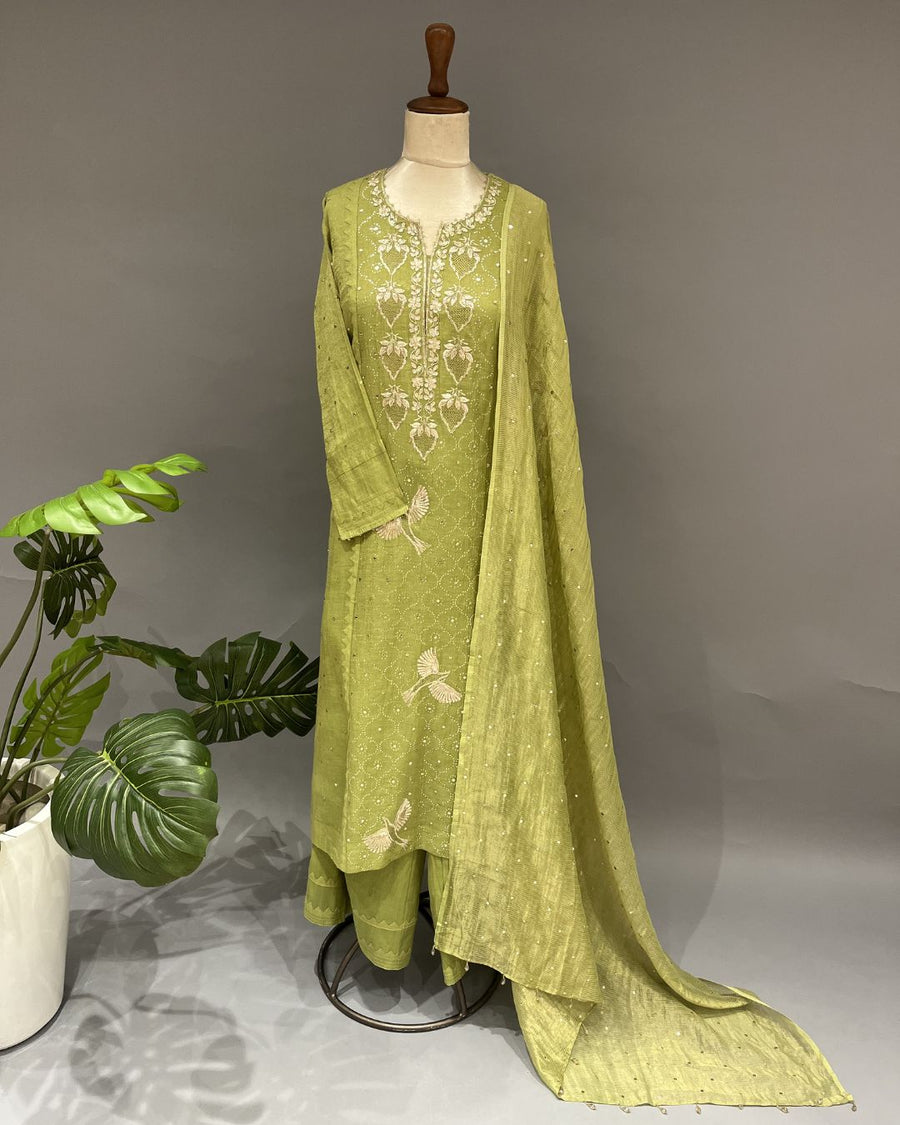 Tissue Chikankari Stitch 3pc Suit - Avocado Green